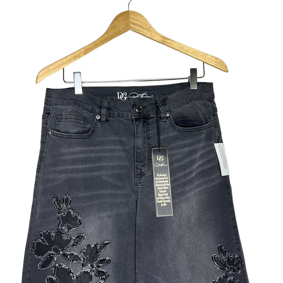 DG2 by Diane Gilman Wide Leg Crop Jeans Embroidered Frayed Hem Washed Black - Picture 2 of 11